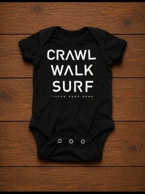 Jacks Surf Shop “Crawl Walk Surf” Baby Bodysuit | Black Graphic Onesie